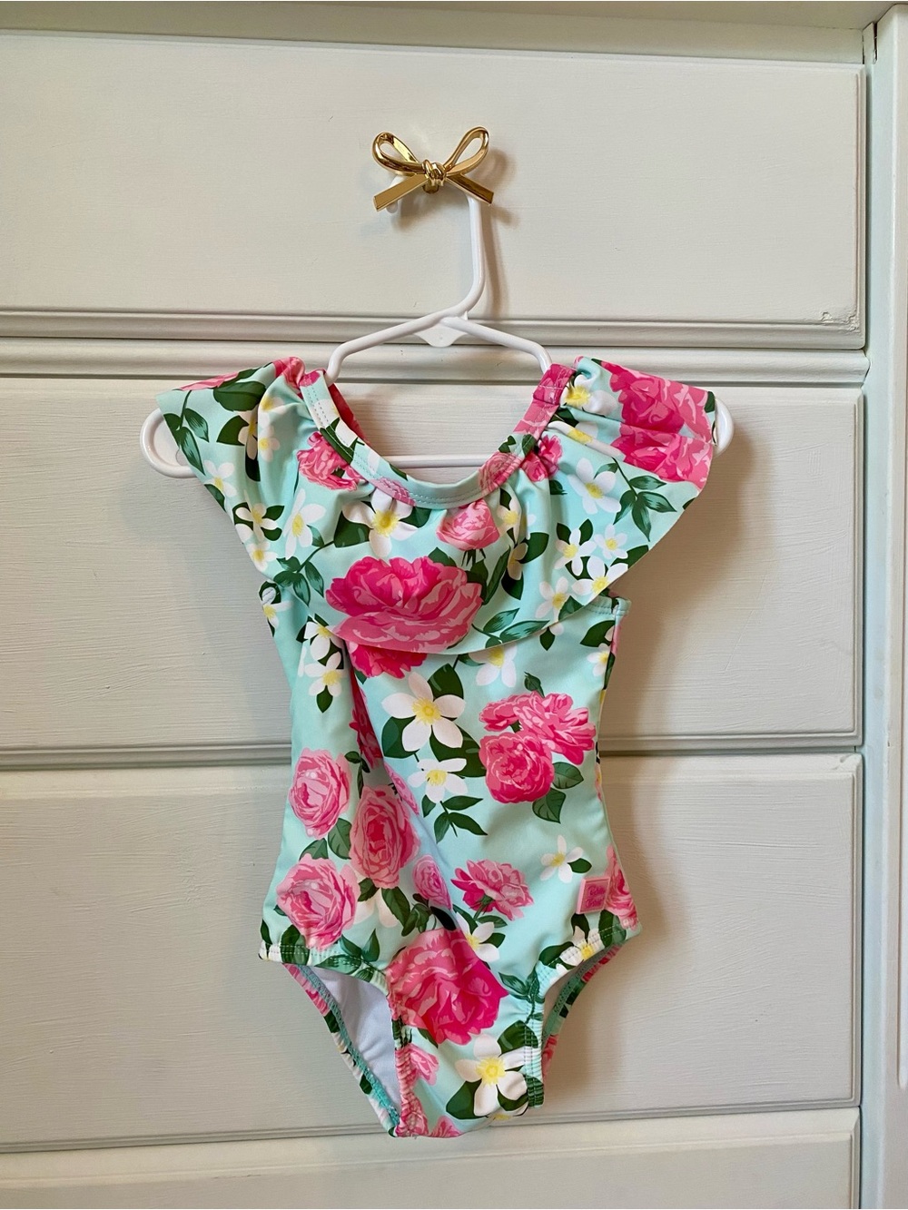 RuffleButt Floral Ruffle One-Piece Swimsuit - Mint & Pink Roses